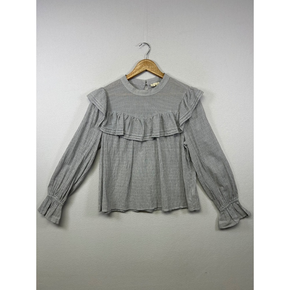 Cottagecore a.n.a Womens Large Blue White Striped Ruffle Mock Neck Blouse Top